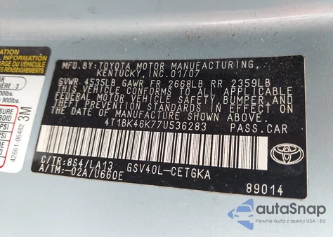 2007 Toyota Camry Xle V6 из США, поврежденный, VIN 4T1BK46K77U536283